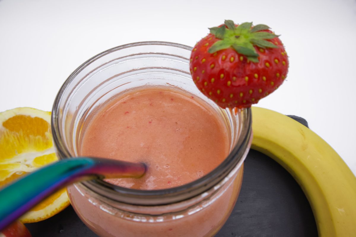 Thick, vegan friendly Strawberry and banana smoothie Closeup